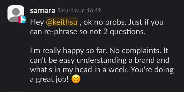 Client message praising the work